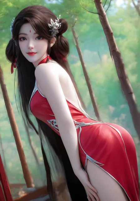 looking_at_viewer,cowboy_shot,(hands_on_ass:1.4),1girl,solo,dress,(face light:1.5),hair ornament,portiart,from front,masterpiece,(best quality),official art,extremely detailed cg 8k wallpaper,((crystalstexture skin)),(extremely delicate and beautiful),solo,realistic,photo_\(medium\),hiqcgbody,chinese background,(smile:0.4),red cheongsam,eye-contact,jewelry,long hair,<lora:huolinger_V3-000006:1>,
