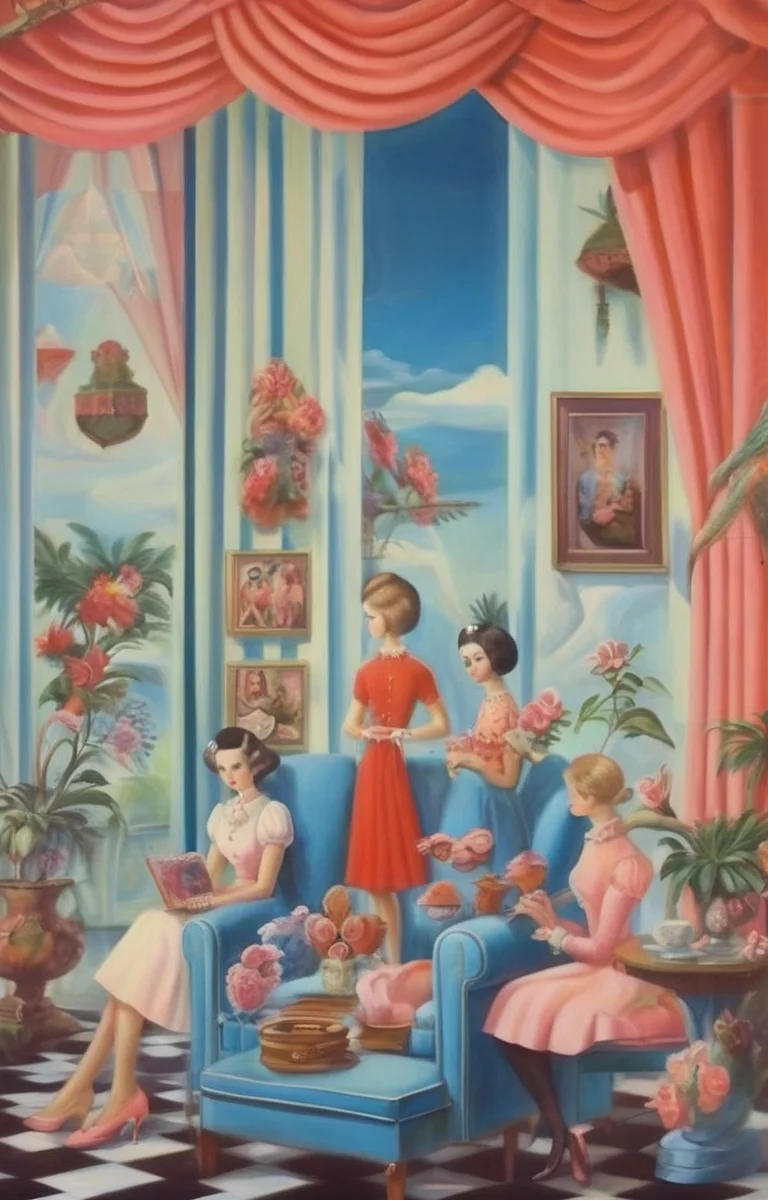 masterpiece,best quality,<lora:tbh293-sdxl:0.9>,illustration,style of Dorothy Draper portrait of family