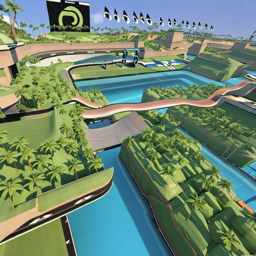 trackmania, realistic, trackmania, scenery, road, water, palm trees, daylight