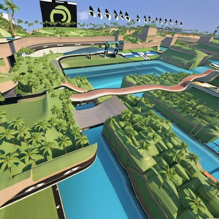 trackmania, realistic, trackmania, scenery, road, water, palm trees, daylight