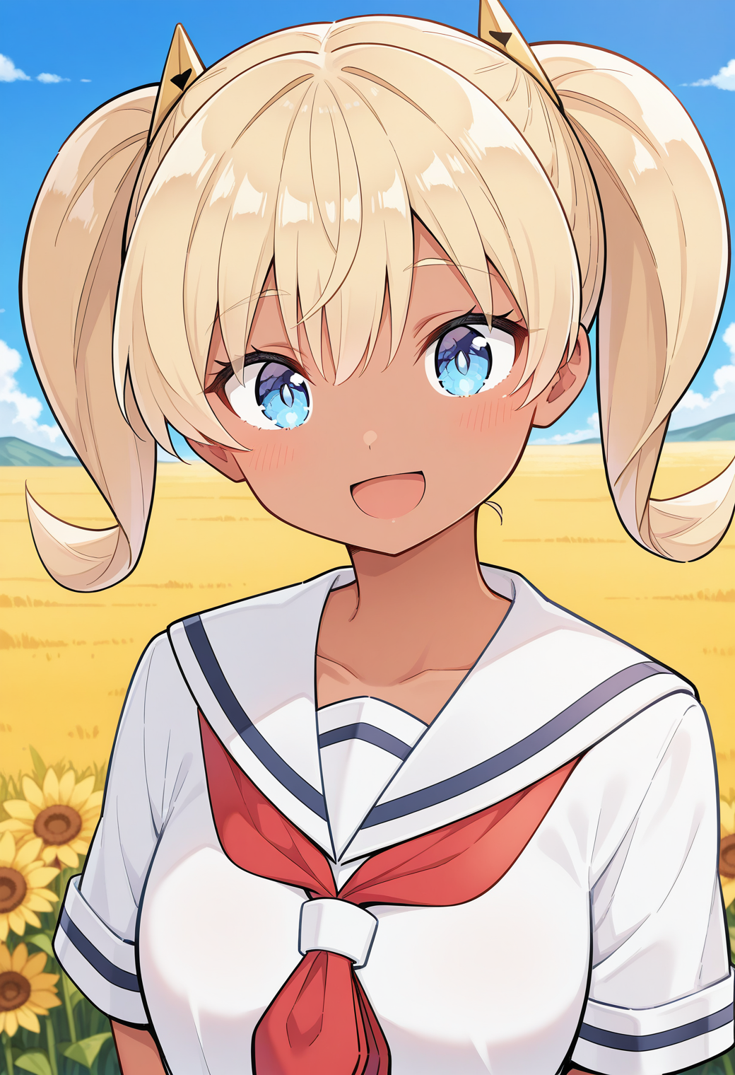 1girl, solo, (field:1.2), (blue sky:1.2), looking at viewer, smile, 
saotome_kanon, blue eyes, blonde hair, twintails, dark-skinned female, dark skin, school uniform, serafuku, red neckerchief, white sailor collar, short sleeves, <lora:saotome_kanon_illustrious_ver1:0.8>, masterpiece, best quality, general,, (upper body:1.2), (close-up:1.2), (facing viewer:1.2), (open eyes:1.4), (portrait:1.2)