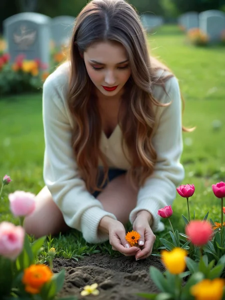 A cinematic still of a beautiful young woman with long hair is on her knees planting flowers on her grandmother's grave. This realistic photograph brings together the sadness of loss and desire to comfort her. Tears slightly glisten rolling down her soft blush cheeks, red glossy lips, ultra fine pastel-like hair. Bright daylight and dark shadows provide for a vivid burst of colors bringing life to this photograph. 8K RAW, a colorful, high contrast, vivid photograph. <lora:Flux-style-xl-lora:.4><lora:add-detail-xl:0.5>