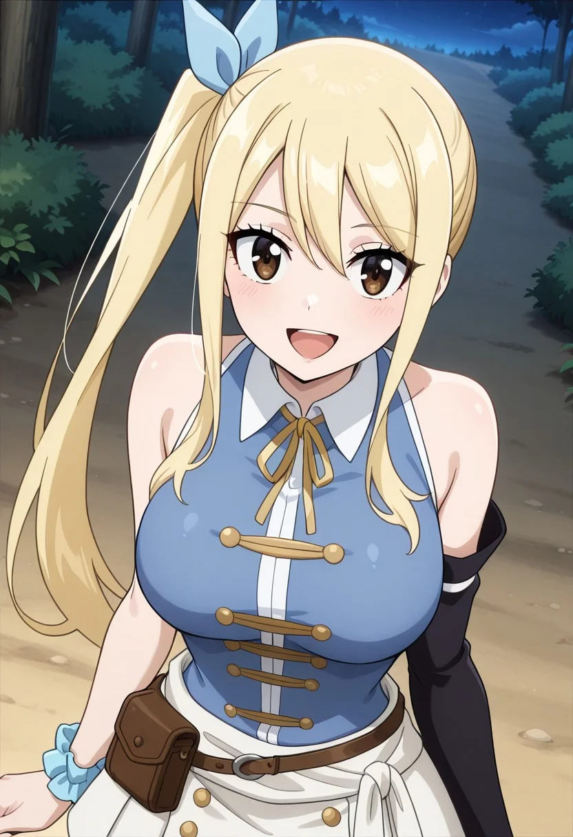 masterpiece, best quality, newest, anime screencap, 1girl, <lora:LucyHeartfiliaAvatartwo_Illu_Dwnsty:1>, lcyhrtavtrctwo, brown eyes, blonde hair, side ponytail, sidelocks, long hair, blue ribbon, hair ribbon, blue shirt, sleeveless shirt, collared shirt, yellow neck ribbon, scrunchie, single detached sleeve, black sleeve, white skirt, brown belt, belt pouch, white sash, perfect eyes, breast, shiny skin, expressive, smile, open mouth, looking at viewer, erotic pose, from above, forest, night, perfect anatomy