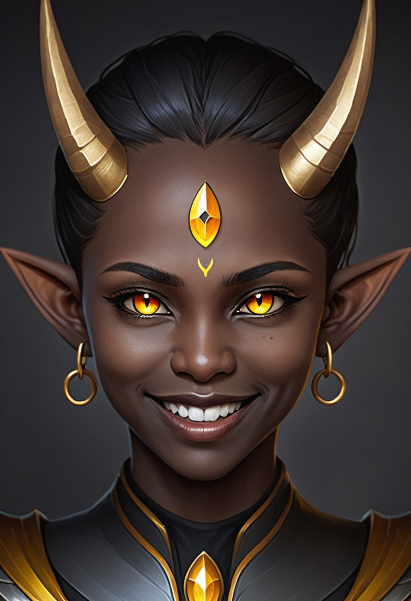 Te'kharoth, third eye, portrait, yellow eyes, horns, pointy ears, dark skin, smile, 1girl, solo, armor, necklace, tiara,