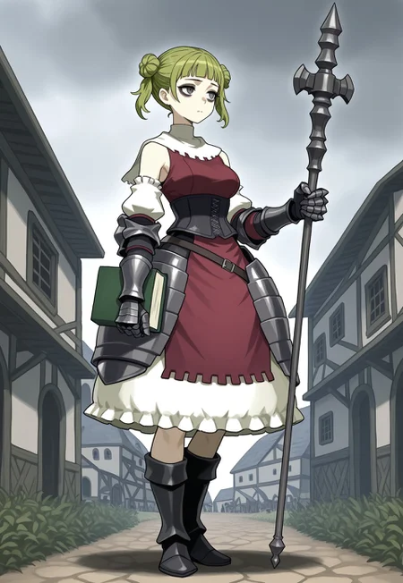 source_vanillaware,
full body,
1girl, solo,
TatianaIL, Tatiana Unicorn Overlord,
light skin, gray eyes, black eyeshadow, bags under eyes, green hair, side buns, twintails, medium breasts,
small shawl, red surcoat, black corset, dress armor, white sleeve tips, dark gauntlets, black boots,
green book, strapped book,
deadpan, looking away, standing,
holding staff, holding pernach, black pernach,
medieval village, overcast,