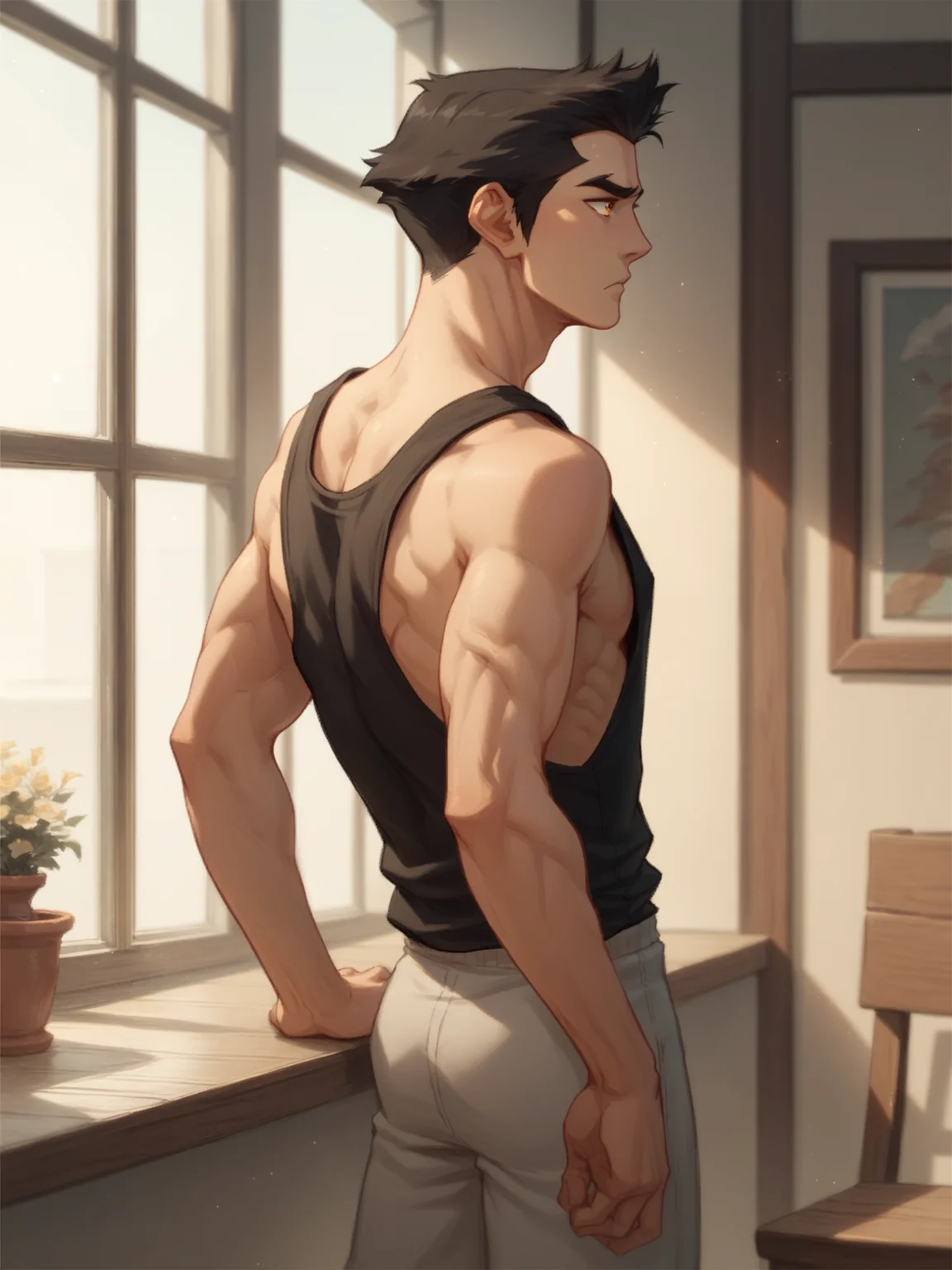 score_9, score_8_up, score_7_up, score_6_up, Mak0 man, black hair, orange eyes, wearing singlet, folded arms, looking away, inside, <lora:Mak0-000002:.9>