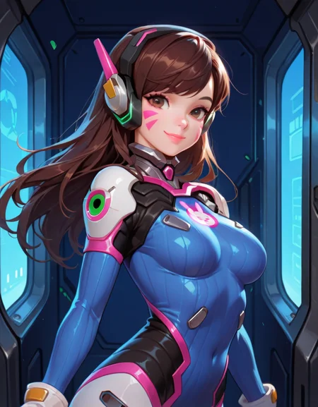 masterpiece, best quality, amazing quality, very aesthetic, absurdres, newest, detailed background, cowboy shot, 4k, 8k,
dvaxd, 1girl, solo, whisker markings, bodysuit, brown hair, long hair, facial mark, breasts, headphones, bunny print, brown eyes, skin tight, gloves, smile, facepaint, looking at viewer, white gloves, ribbed bodysuit, bangs, pilot suit, medium breasts, lips, blue bodysuit, shoulder pads, swept bangs, pink lips, from side
<lora:D.Va_-_Overwatch_Illustrious:1>