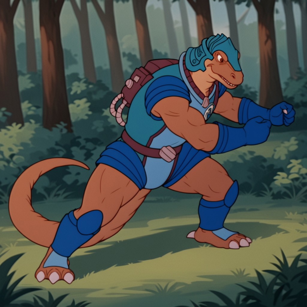 score_9, score_8_up, score_7_up, score_6_up, score_5_up, score_4_up, source_furry,AlloDinos, anthro, male, dinosaur, brown skin, blue armor, blue gloves, teal helmet, fighting stance, in a forest
