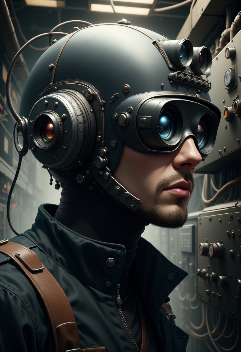 YFG-SpyWorld50s The image is a digital illustration of a futuristic man's head and upper body. He is wearing a black helmet with a large camera lens attached to it. The helmet has multiple buttons and dials on it, and a brown strap around the neck. The man's face is turned slightly to the side, and he has a serious expression on his face. The background is filled with various mechanical equipment, including wires, cables, and control panels. The overall mood of the image is futuristic and technological.