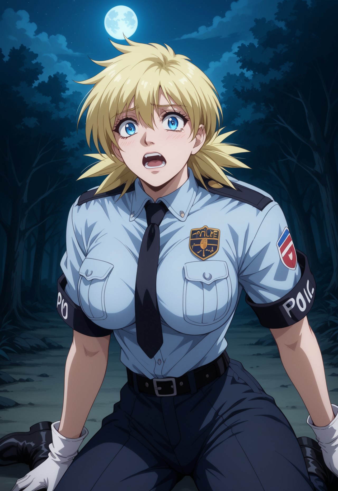 safe_pos, score_9, score_8_up, score_7_up, masterpiece, best quality, very aesthetic, SerasVictoria, 1girl, solo, female focus, blonde hair, short hair, blue eyes, large breasts, PoliceSeras, alternate outfit, police uniform, blue shirt, black armband, black necktie, white gloves, black belt, black pants, black boots, holding gun, trigger discipline, forest, night, dark, fullmoon, scared 