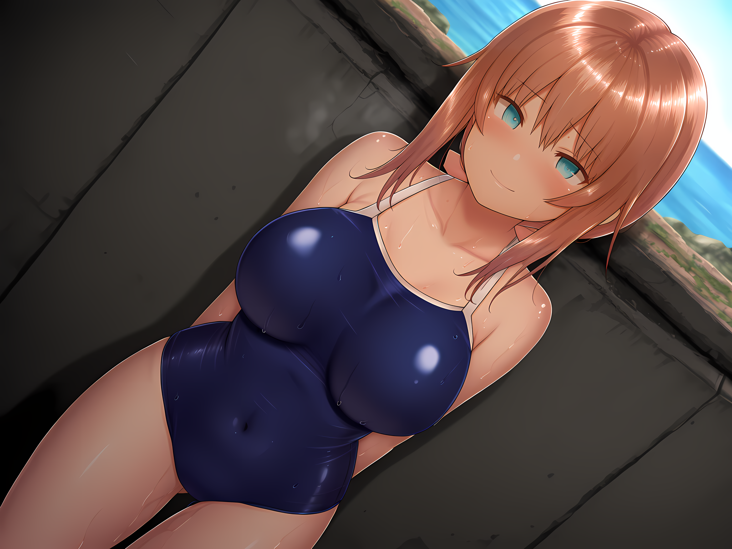1girl, smile, Amane, school swim outfit,long hair,large breasts,outdoors,<lora:Celesphonia_and_Selenoxia:1>,, masterpiece,best quality,amazing quality,
