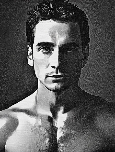 A man with a perfect face, shoulder portrait, <lora:Pencil_Cross_XL-000007:1>