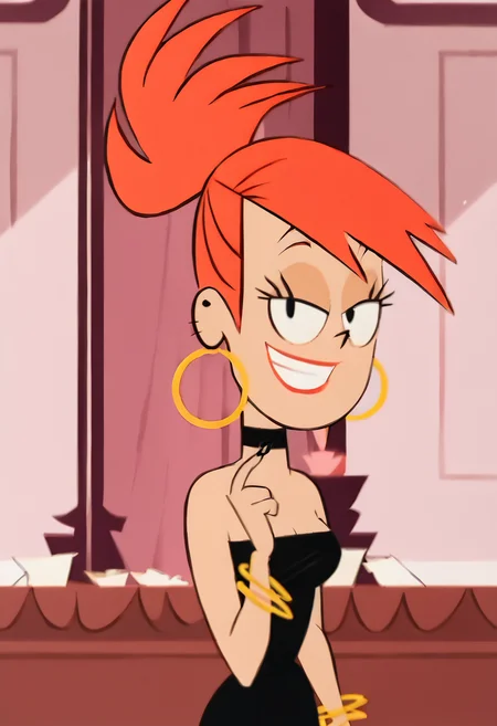 <lora:FrankiePony2.0:1> FrankieFoster, 1girl, lipstick, dress, black dress, solo, jewelry, red hair, smile, earrings, choker, hoop earrings, bangle, ponytail, high ponytail, bare shoulders,indoors, looking at viewer,  score_9, score_8_up, score_7_up, score_6_up, score_5_up, score_4_up