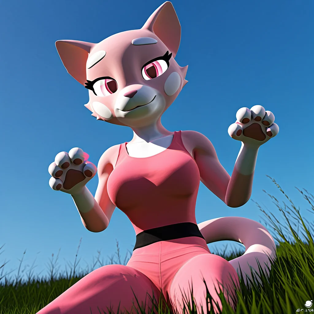 score_9_up, score_8_up, score_7_up, rating_questionable, furry_female, felid, (shima luan:1.2), pink eyes, tight pink dress, bedroom eyes, paw pose, grass, full grass ground, blue sky, <lora:ShimaPDXL:0.8>, (garry's mod, sfm, gmod, 3d render:1.2), high quality