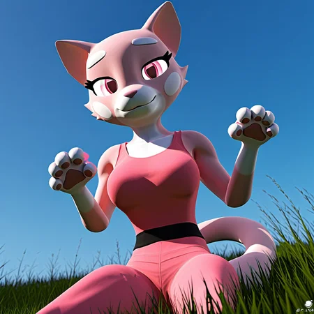 score_9_up, score_8_up, score_7_up, rating_questionable, furry_female, felid, (shima luan:1.2), pink eyes, tight pink dress, bedroom eyes, paw pose, grass, full grass ground, blue sky, <lora:ShimaPDXL:0.8>, (garry's mod, sfm, gmod, 3d render:1.2), high quality