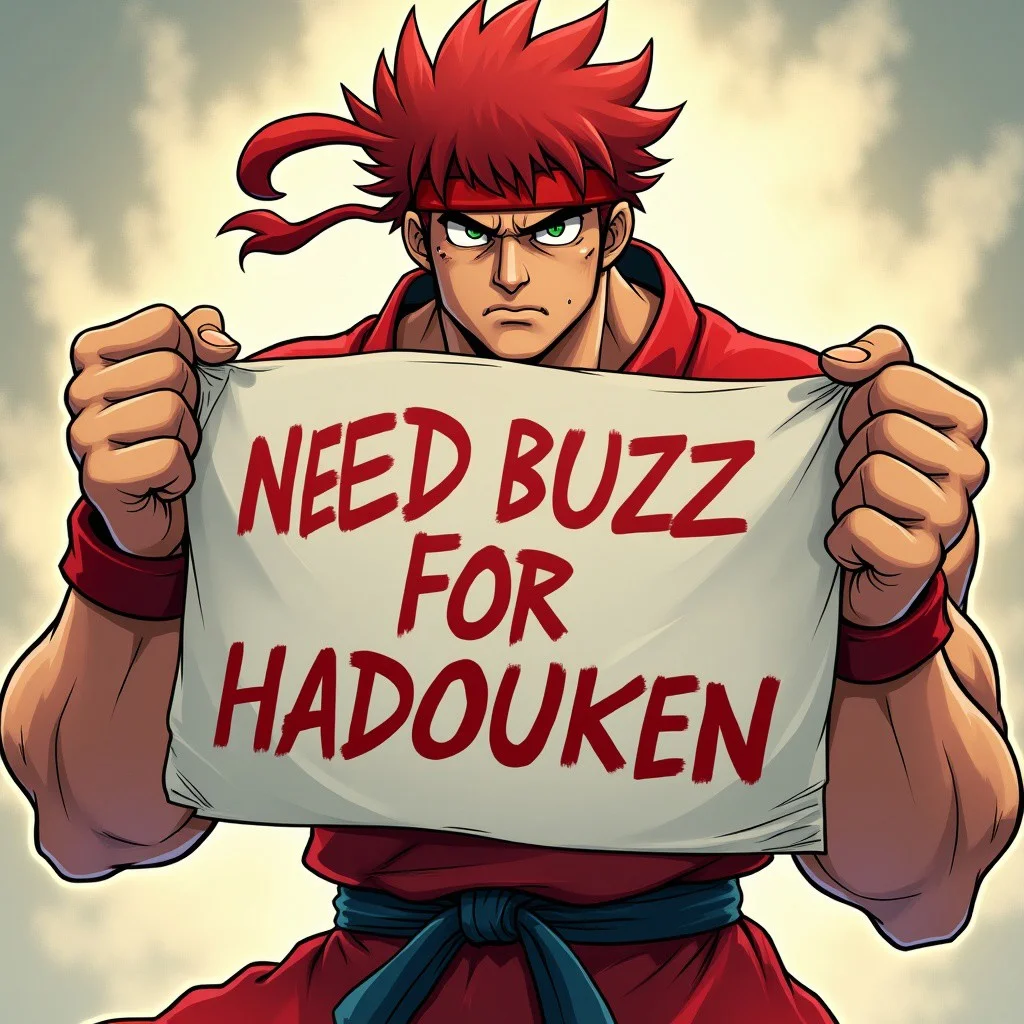 ryu from street fighter holding a sign says on that "need buzz for hadouken",anime style