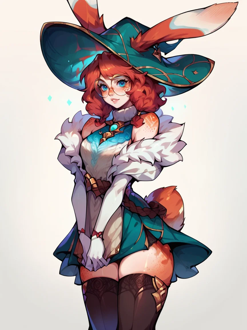 score_9, score_8_up, score_7_up, score_6_up, score_5_up, <lora:AuroraLOLXLP:1> auroralol, 1girl, solo, rabbit ears, round eyewear, blue eyes, freckles, hat, gloves, tail, thighhighs, red hair, dress