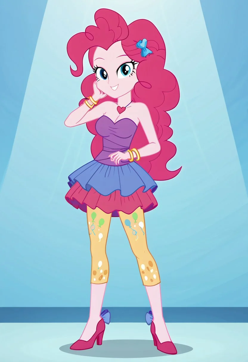 (High Resolution), (More Details), (8K), (High Resolution), Score_7, Score_8_up, Score_9_up, Volumetric lighting, Intricate, Pinkie pie, equestria girls, 1 girl, Bracelets, skirt, skirt rah rah Purple sleeveless dress, off the shoulder, Strapless, yellow capris tights with colored spots, high heels, Full body, Sexy and sensual model body, pose, seductive and flirtatious look, beautiful, attractive, Mature body, big breasts, Heart necklace, Very mature body, Very toned whole body, Super sexy and sensual, very sensual and sexy