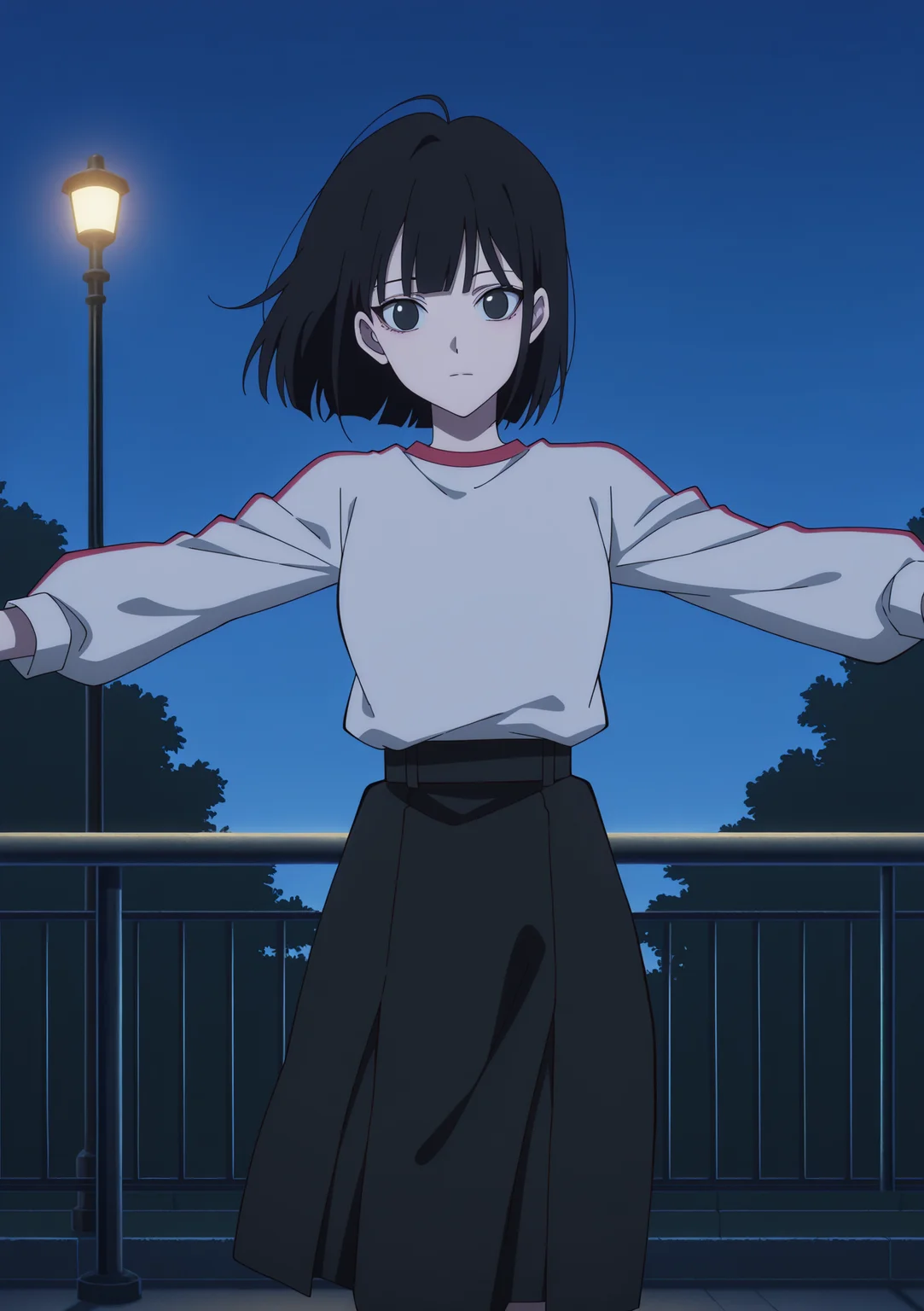 detailed background, official style,anime coloring, (anime screencap) masterpiece, detailed face,1girl <lora:Qiao (1):0.8>Qiao, black hair, solo, outdoors, night, looking at viewer, railing, short hair, black eyes, long sleeves, sky, lamppost, shirt, outstretched arms, closed mouth, skirt