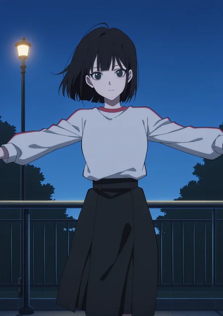 detailed background, official style,anime coloring, (anime screencap) masterpiece, detailed face,1girl <lora:Qiao (1):0.8>Qiao, black hair, solo, outdoors, night, looking at viewer, railing, short hair, black eyes, long sleeves, sky, lamppost, shirt, outstretched arms, closed mouth, skirt