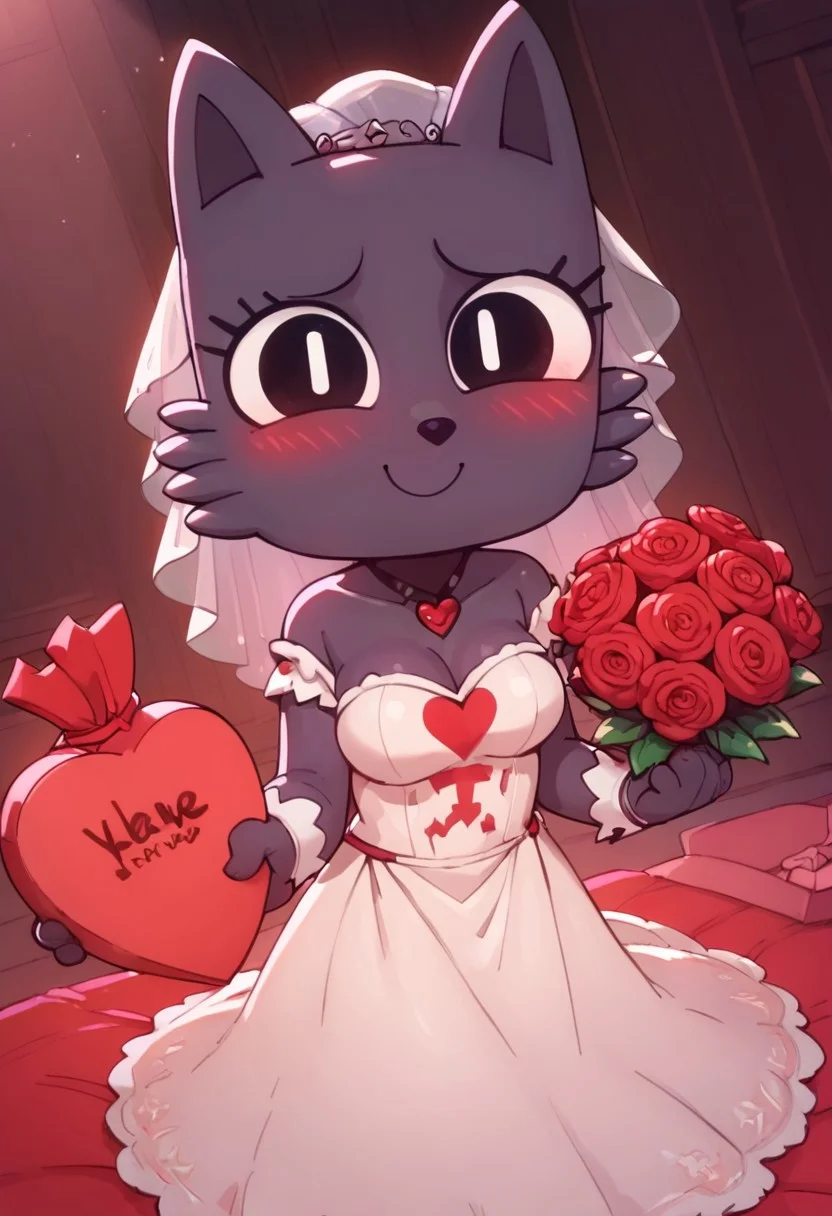 score_9, score_8_up, score_7_up, 1man,
1girl, beautiful face, petite, 20yo male,
score_9, score_8_up, score_7_up, BREAK, 1girl, ruri, smile, smirking face, blushing, standing, medium breasts, cat, grey body, wedding dress, black eyes, white pupils, vertical pupils, solo, looking at viewer, cute, paws, solo, holding red flowers, bedroom valentine background, pink bed, heart pillow, valentine day, heart, dress down on breasts.