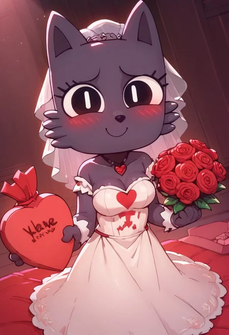 score_9, score_8_up, score_7_up, 1man,
1girl, beautiful face, petite, 20yo male,
score_9, score_8_up, score_7_up, BREAK, 1girl, ruri, smile, smirking face, blushing, standing, medium breasts, cat, grey body, wedding dress, black eyes, white pupils, vertical pupils, solo, looking at viewer, cute, paws, solo, holding red flowers, bedroom valentine background, pink bed, heart pillow, valentine day, heart, dress down on breasts.