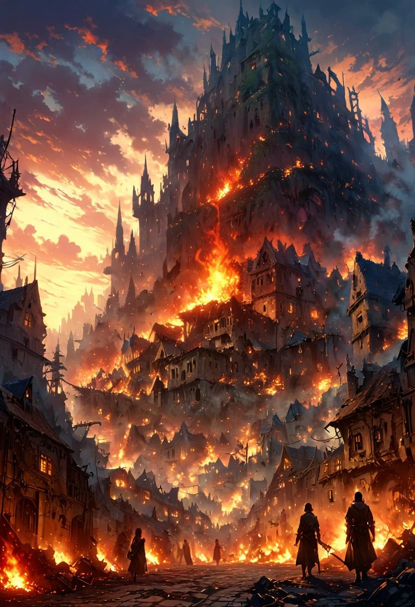 detailed background,( destroyed city night landscape), amongst ruined burning houses. middle age city, fire and smoke, beautiful view, people are hiding, burning giant tree, early morning, sunrise sky, smokes are rising, dappled sunlight, outdoor seating, rock road, castle is destroyed, burning, depth of field, masterpiece, best quality, ultra-detailed, very aesthetic, illustration, perfect composition, intricate details, absurdres, moody lighting, wisps of light, no humans,
