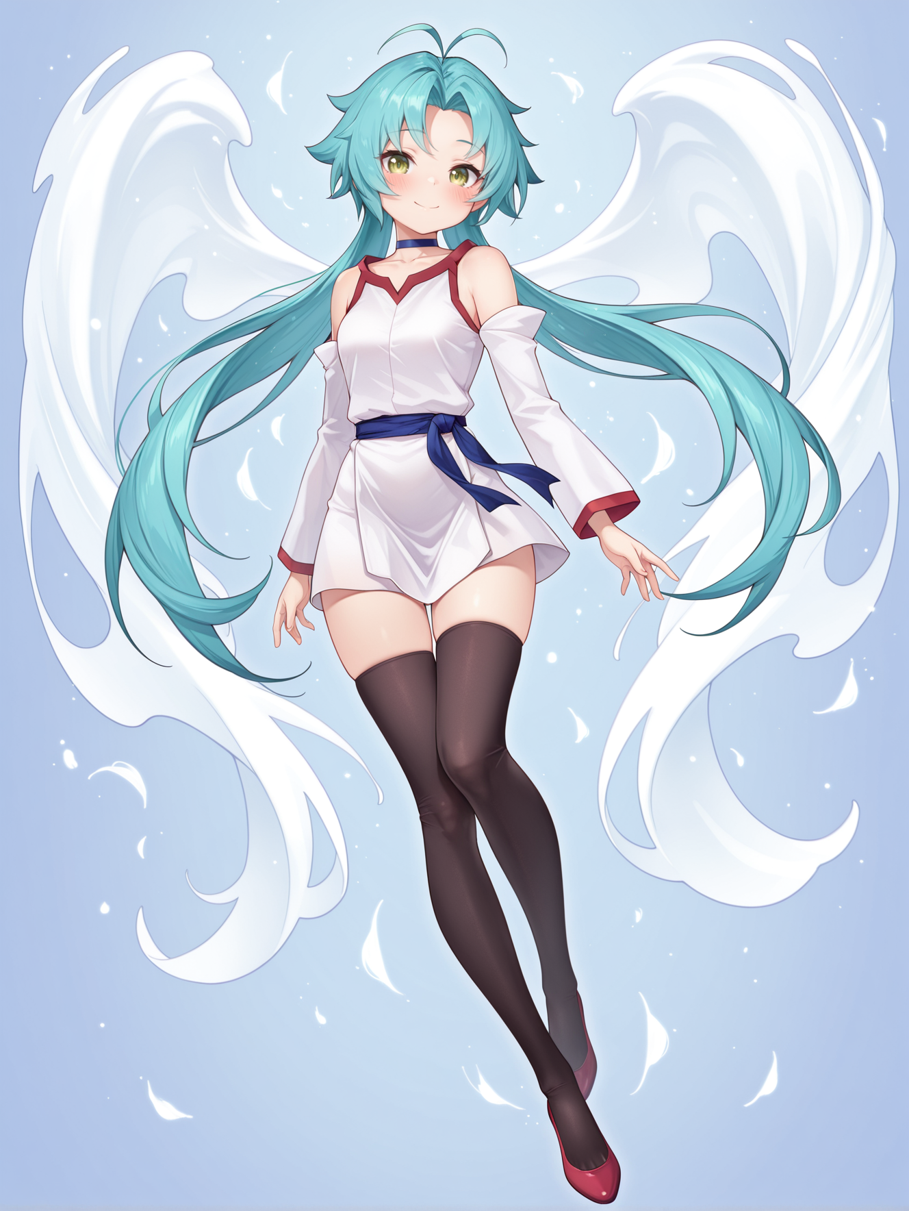 effect veiler,1girl,solo,smile,red shoes,looking at viewer,collarbone,closed mouth,full body,blush,blue background,blue choker,white sleeveless dress,white detached sleeves,blue sash,black thighhighs,see-through angel wings,floating,
masterpiece,best quality,amazing quality,very aesthetic,absurdres,newest,<lora:Effect Veiler illusXL v1:0.73>,