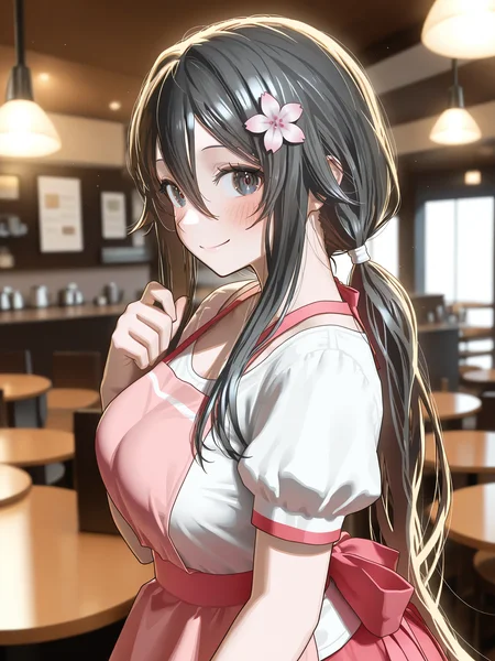 ningen mame, <lora:Ryoba2XL:1> Ryoba_YS, 1girl, long hair, low ponytail, large breasts, smile, blush, lazypos, white shirt, hair flower, pink apron, pink skirt, waitress, puffy short sleeves, cafe, indoors, black eyes, 
<lora:cfg_scale_boost:0.5> <lora:spo_sdxl_10ep_4k-data_lora_webui:0.4>, solo,