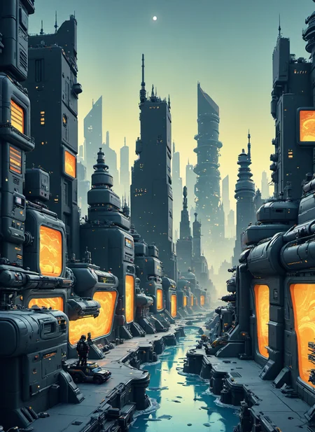 comic strip art, sci-fi environments, surreal cybrk, fluid distortion, comic The charcoal drawing of a city skyline at dusk captured the transition between day and night. The heavy shading and stark contrasts created a dramatic, almost cinematic effect, with the cityâs lights just beginning to twinkle against the darkening sky., highly detailed, Candid, Rembrandt lighting, Orange, eerie, pristine, apocalyptic  <lora:cybrk-knight:.5> <lora:art-v5:.4> <lora:Sci-fi_Environments_V2-SDXL:.7>