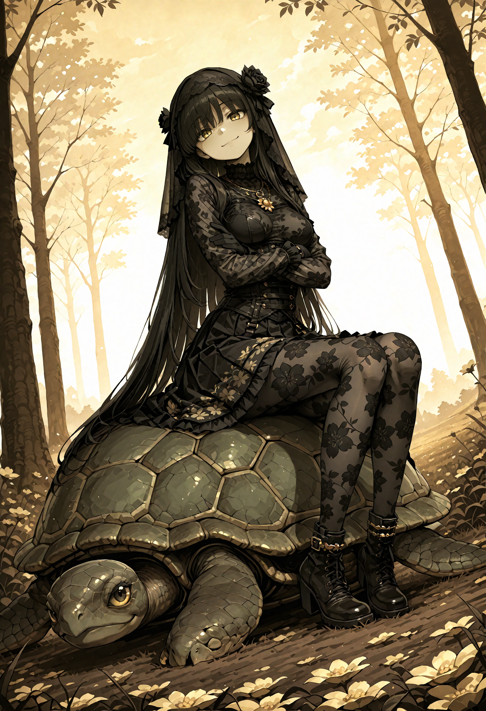 masterpiece, absurdres,best quality, incredibly absurdres ,hamsterfragment_illu, (monochrome:0.9),k0doku_illu, 4ki4k4ne_illu, novuschroma27 style, gold foil, black theme, golden theme, anime, anime style, 
1girl, solo, curvy, medium breasts, young, short, 
golden eyes, symbol-shaped pupils, vertical pupils, hair over eyes,  expressionless, closed mouth, big smile, 
very long hair, (impossible hair:1.2), flowers in hair, 
(impossible clothes:1.2), floral print, yellow print, yellow patterns,black socks, skindentation, ornate clothes, elaborate print, extensive print, lace, jewels, ornate design, straps, anklets, long sleeves, skirt, frills, corset, gloves, black gloves, black mourning-veil, black see-through wedding-veil, necklace, turtle neck, shirt, patterned pantyhose, patterned shirt, (pantyhose:1.1), jacket, boots, ribbons, 
 full body,  side view, sitting, dynamic angle, dynamic pose,  crossed arms, head tilt, dutch angle, 
nature,branches, grass, (forest, thick forest, leafs, trees:1.2),  harsh shadows, flowers, flower field, flower theme, (dark clouds:1.1), yellow sky, turtle, large turtle, sitting on a turtle, 
<lora:hamsterfragment:0.6> <lora:novuschroma27 style_b:0.2> <lora:Ornate_gold:0.4> <lora:NOOB_vp1_detailer_by_volnovik_v1:2> <lora:DetailedPerfect_hands_r1:1> <lora:Obsidian_skin:0.4>