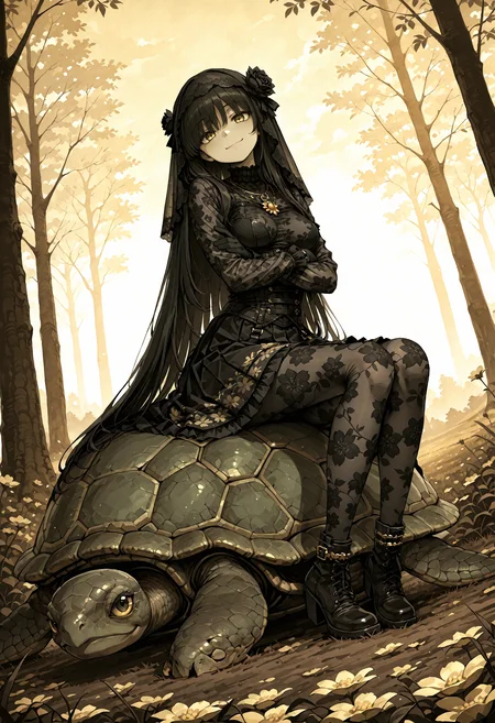masterpiece, absurdres,best quality, incredibly absurdres ,hamsterfragment_illu, (monochrome:0.9),k0doku_illu, 4ki4k4ne_illu, novuschroma27 style, gold foil, black theme, golden theme, anime, anime style, 
1girl, solo, curvy, medium breasts, young, short, 
golden eyes, symbol-shaped pupils, vertical pupils, hair over eyes,  expressionless, closed mouth, big smile, 
very long hair, (impossible hair:1.2), flowers in hair, 
(impossible clothes:1.2), floral print, yellow print, yellow patterns,black socks, skindentation, ornate clothes, elaborate print, extensive print, lace, jewels, ornate design, straps, anklets, long sleeves, skirt, frills, corset, gloves, black gloves, black mourning-veil, black see-through wedding-veil, necklace, turtle neck, shirt, patterned pantyhose, patterned shirt, (pantyhose:1.1), jacket, boots, ribbons, 
 full body,  side view, sitting, dynamic angle, dynamic pose,  crossed arms, head tilt, dutch angle, 
nature,branches, grass, (forest, thick forest, leafs, trees:1.2),  harsh shadows, flowers, flower field, flower theme, (dark clouds:1.1), yellow sky, turtle, large turtle, sitting on a turtle, 
<lora:hamsterfragment:0.6> <lora:novuschroma27 style_b:0.2> <lora:Ornate_gold:0.4> <lora:NOOB_vp1_detailer_by_volnovik_v1:2> <lora:DetailedPerfect_hands_r1:1> <lora:Obsidian_skin:0.4>
