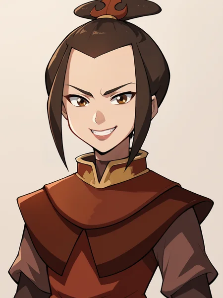 score_9, score_8_up, score_7_up, score_6_up, score_5_up, score_4_up, BREAK, source_cartoon, source_anime, 1girl, azula, brown hair, brown eyes, armor, upper body, smile, looking at viewer, solo, simple background <lora:AzulaXL:1>