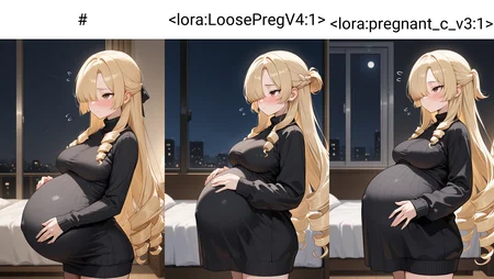 masterpiece, best quality, absurdres, 1girl, blonde hair, very long hair, ringlets, half updo, parted bangs, blunt ends, tsurime, brown eyes, hair over one eye, medium breasts, black sweater, pregnant, big belly, standing, closed eyes, flustered, looking up, from side, cowboy shot, night, bedroom, safe
<lora:Pregnancy_Slider:1.2>