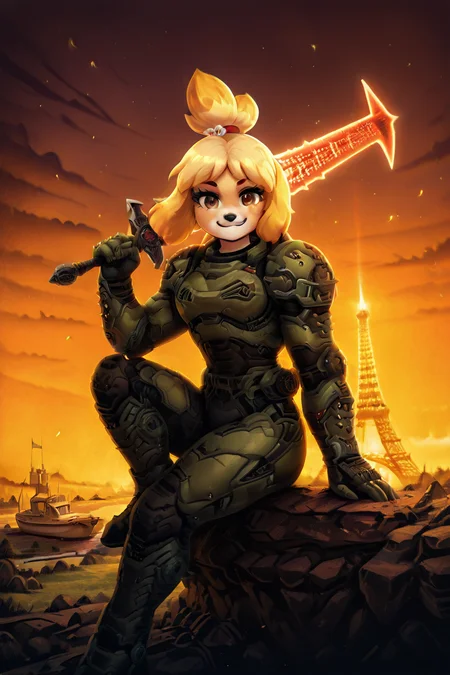 masterpiece, best quality, eyelashes, (beautiful eyes), solo, zzIsabelleDoom, brown eyes, topknot, dog ears, looking at viewer, smile, smirk, power armor, weapon over shoulder, power armor, energy sword, crucible (doom), science fiction, sunset, retro artstyle, poster (medium), movie poster, side view, zzEiffelTower in background, sitting, watercraft, boat, sitting on wall, side view, looking at viewer, smile, BREAK, blooming stars, luminescent petals, otherworldly fragrance blurry background, <lora:SDXLFaeTastic2400:0.5>, <lora:EiffelTowerIXL_v2:0.8>, <lora:IsabelleDoomSlayerIXL:1.0>,
