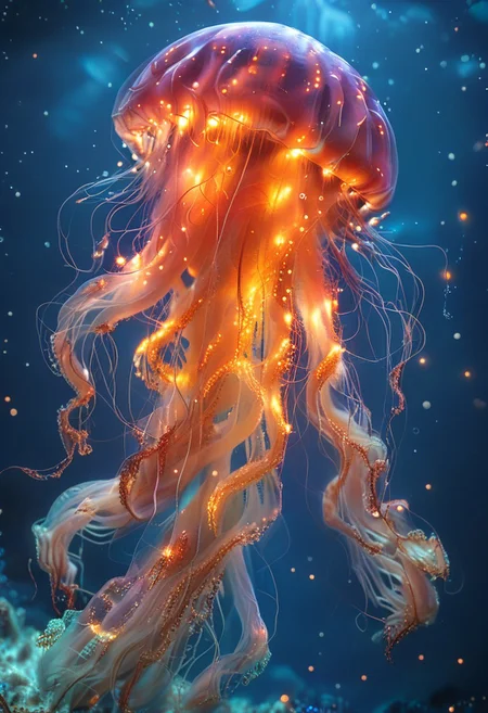 An enormous magical jellyfish, colorful, glowing, bio-luminescence, deep blue ocean, cosmic ocean background, close-up