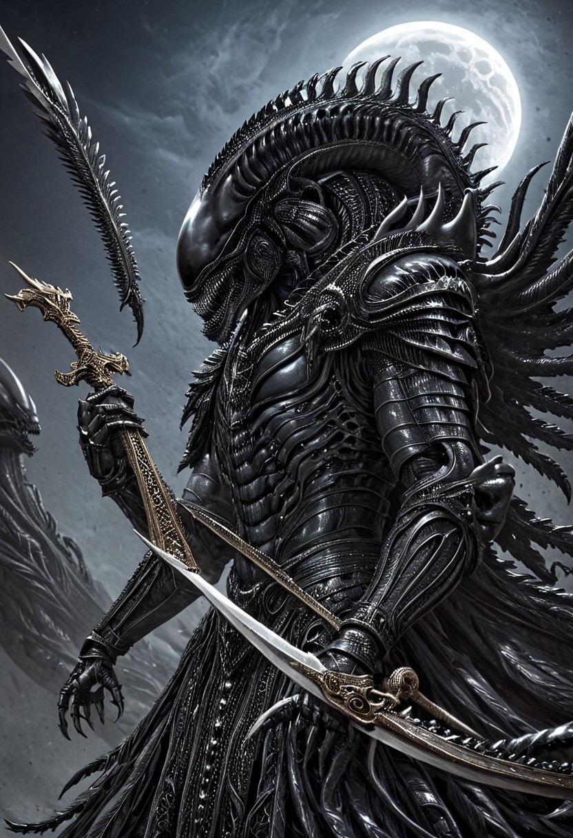 A closeup of fantastical image of a Xenomorph knight, clad in flowing, flowing robes, wielding an ornate, ornate blade. they wield the sword in a fluid, dynamic motion. The moon's reflection highlights their magical power, solo, wide angle, art by hr giger