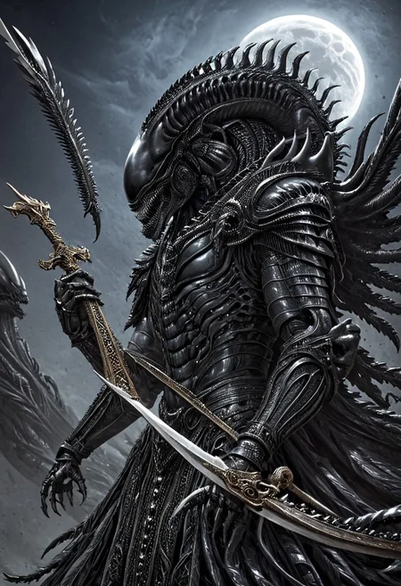 A closeup of fantastical image of a Xenomorph knight, clad in flowing, flowing robes, wielding an ornate, ornate blade. they wield the sword in a fluid, dynamic motion. The moon's reflection highlights their magical power, solo, wide angle, art by hr giger