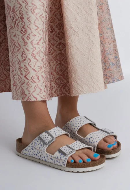 1girl, solo, simple_background, white_background, birksonfeet, blue_toenail_polish, close-up, lower_body, footwear_focus, patterned, long_skirt