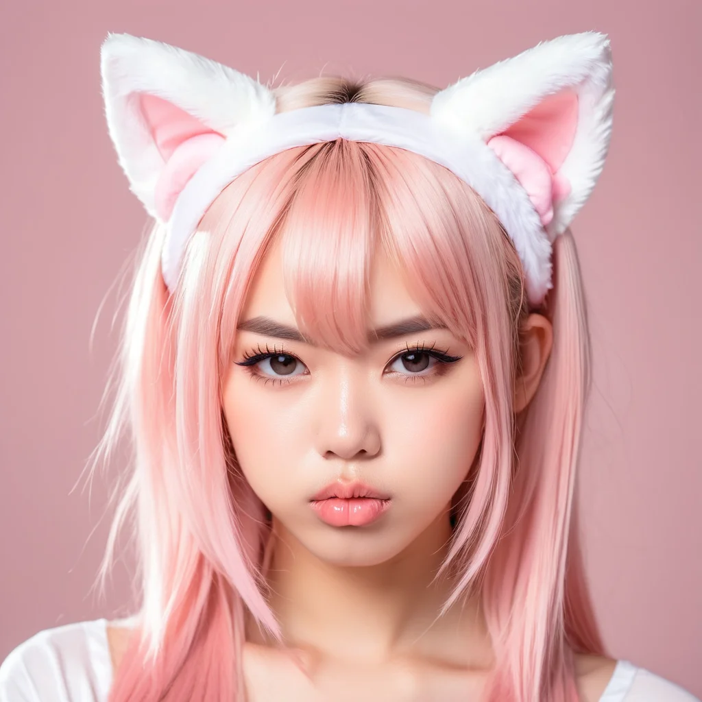 Portrait of a beautiful anime girl pouting at the camera, wearing cat ears, colors pastel pink and soft white, style detailed anime, mood cute, lighting bright studio light, perspective frontal view, texture silky hair and smooth skin, high resolution