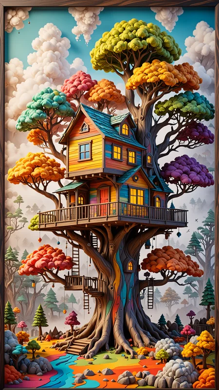 (3d Framed, landscape) treehouse, colorful volumetric mad-marbled-paper fog <lora:3D_Framed_Wall_Art_-_By_DICE:0.4>, (3D), UHD