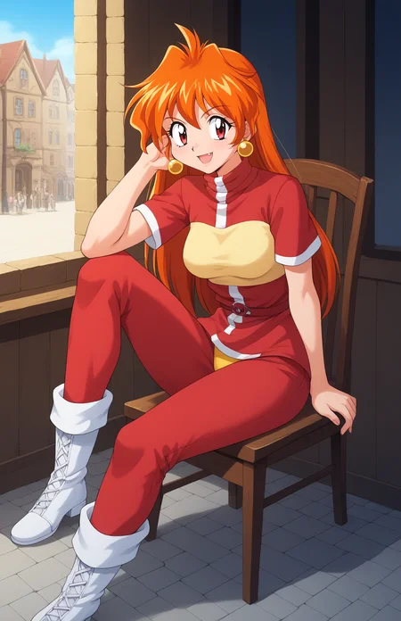score_9, score_8_up, score_7_up, score_6_up, BREAK, source_anime, rating_explicit, masterpiece, best quality, detailed background
lina inverse, retro artstyle, 1990s (style), 1girl, orange hair,long hair, BIG EYES, red eyes, fang, earrings, turtleneck, short sleeves, RED pants, yellow panties, white boots, medium breasts <lora:Lina_Inverse_Culty_PONYXL_r1:1> street, village, day, sky, window, sitting, chair,