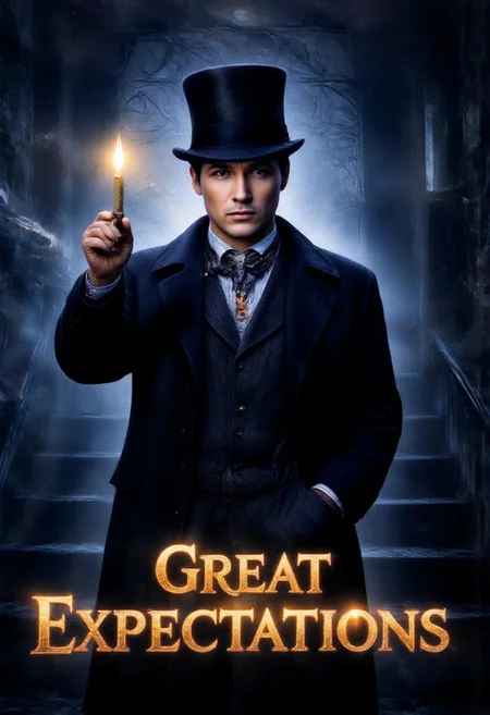 striking digital portrait of man, fantasy horror gothic style poster, historical and mythological themes. slim, heroic, young man in top hat and Victorian-style clothes, holding a candle, intense stare, looking at camera. The man is dressed in a Dickensian clothes, highly detailed. The man holds a candle glowing with celestial light casting shadows on his face. Standing at the top of a dark and shadowy staircase. Ethereal fantasy typography "Great Expectations" floating in lower half of the image in celestial starlight, shimmering metallic gold letters with intricate cosmic swirls, mystical moonlit, crystalline sparkles, elegant serif font, dreamy atmospheric glow, cinematic 8K, epic fantasy. Rim lit, soft glow. dark and moody, with an ethereal quality. candlelight casting shadows. Background navy ebru marbling, swirling magic. Dominant colours navy, black, and white. floating sparks, streams of energy