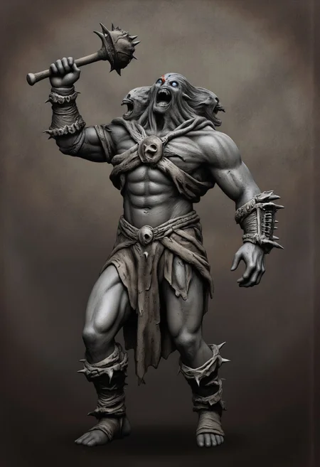 aidmaMJ6.1, Made out of paper, a PaperStyle , d4artstyle, d4concept, , d00mstyle, made of clay, ZBClay model of a gray sculpture
A hulking giant with a grotesque appearance, standing tall with a muscular build. The creature has a distorted form, featuring two heads, each snarling with a vicious expression. Its skin is rough and scarred, showing signs of battle wear and primitive lifestyle. The giant wears a mix of crude, tattered clothing made from animal hides and bones, with makeshift armor pieces strapped across its body. One massive hand grips a heavy club studded with jagged spikes, while the other raises a makeshift shield crafted from animal skulls and thick hide. Its long, sinewy arms extend down to clawed fingers, giving it a menacing, beastly quality. The faces display a mixture of rage and primal hunger, with tusks protruding from the lower jaws. The overall design emphasizes brutality and raw power, blending elements of barbaric warrior and monstrous abomination.
Background solid color with a faded dimly lit, fog-covered darkness tone that emphasizes its silhouette.
The medium is not a traditional painting or illustrative medium like watercolor or ink but rather a digital rendering, eerie and unsettling.