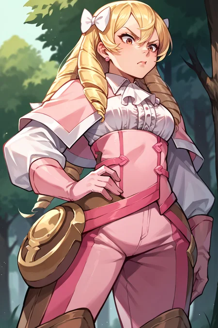 score_9, score_8_up, score_7_up, score_6_up, source_anime, 1girl, solo, <lora:femaribelle-pdxl-nvwls-v1-000005:1> maribelle, blonde hair, long hair, drill hair, hair bow, earrings, pink capelet, ascot, frilled shirt, pink pants, pink gloves, boots, annoyed, from below, hand on hip, forest