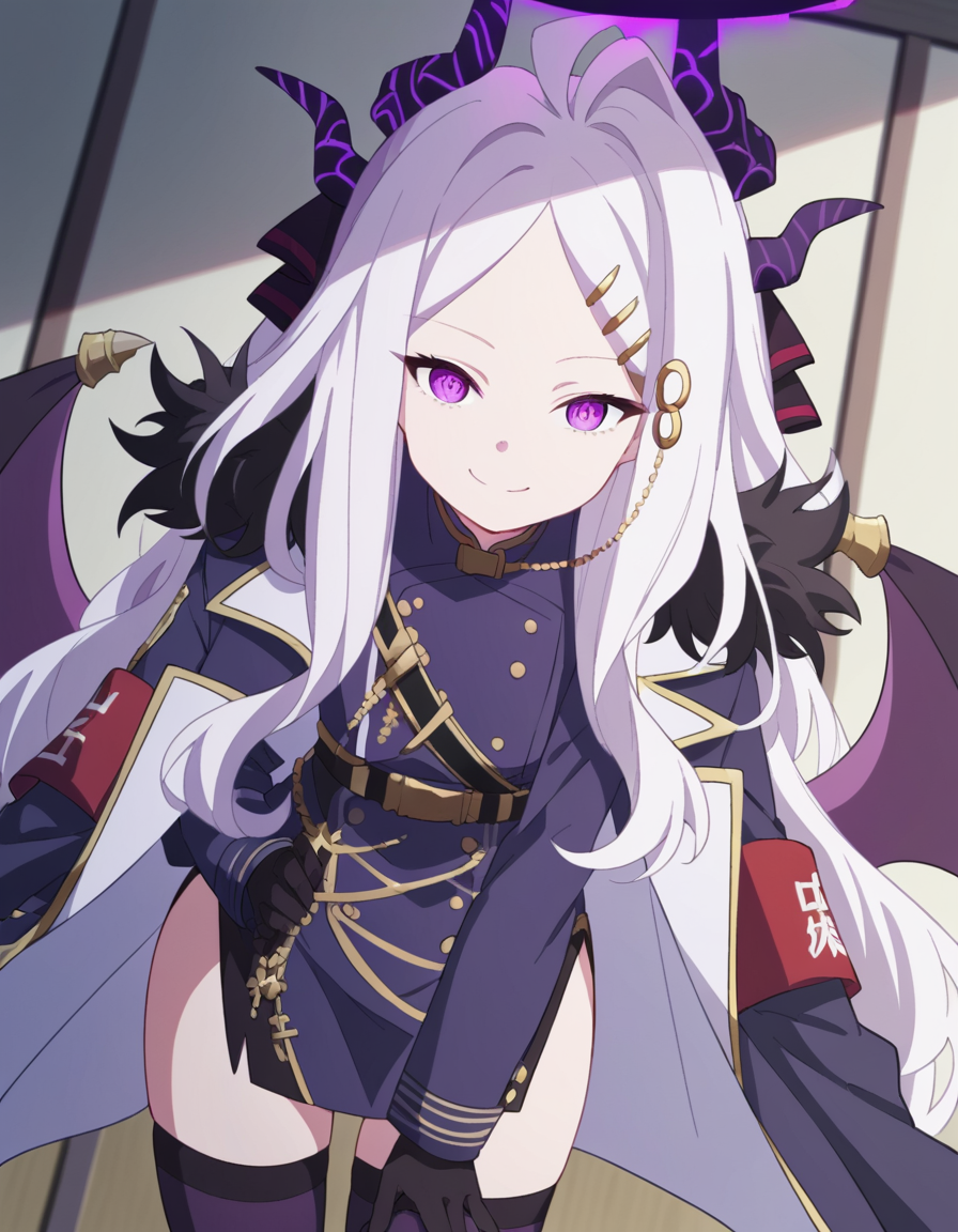 score_9, score_8_up, score_7_up, source_anime, <lora:hina-sorasaki-s1-ponyxl-lora-nochekaiser:1>, hina sorasaki, purple eyes, white hair, halo, ahoge, parted bangs, long hair, very long hair,, armband, black gloves, coat, coat on shoulders, demon horns, demon wings, fur collar, gloves, hair ornament, horns, long coat, military uniform, miniskirt, multiple horns, side slit, thighhighs, uniform, wings, zettai ryouiki,, indoors, bent over, smile,, looking at viewer, solo, cowboy shot, dutch angle