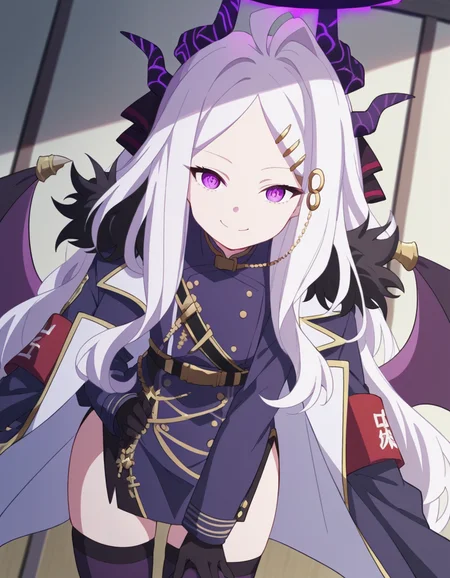 score_9, score_8_up, score_7_up, source_anime, <lora:hina-sorasaki-s1-ponyxl-lora-nochekaiser:1>, hina sorasaki, purple eyes, white hair, halo, ahoge, parted bangs, long hair, very long hair,, armband, black gloves, coat, coat on shoulders, demon horns, demon wings, fur collar, gloves, hair ornament, horns, long coat, military uniform, miniskirt, multiple horns, side slit, thighhighs, uniform, wings, zettai ryouiki,, indoors, bent over, smile,, looking at viewer, solo, cowboy shot, dutch angle