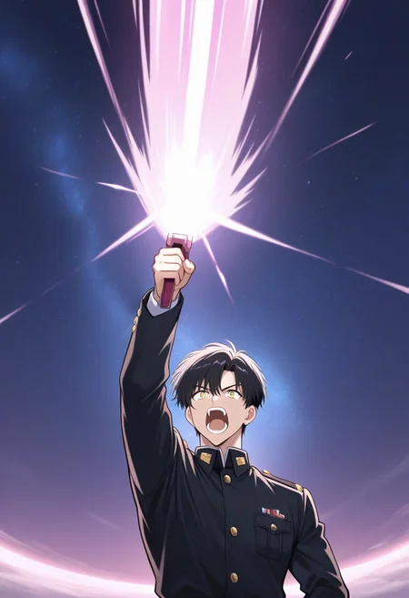 masterpiece, best quality, ultra-detailed, absurdres, newest, 1boy, solo, black hair, yellow eyes, black military uniform, holding beam weapon, transamraiser, pink beam, giant beam, one arm up, outer space, upper body, open mouth, shouting, straight on