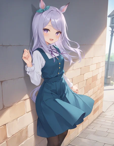 score_9, score_8_up, score_7_up, official art, masterpiece, high quality, megami magazine, official style, game cg, 1girl, (looking at viewer:1.4), (open mouth:1.0), , smile, blush, Leaning against a wall, from side, simple background,,
mejiro mcqueen (umamusume), animal ears, horse ears, horse girl, horse tail, tail, violet eyes, purple eyes, long hair, purple hair, eyebrows visible through hair, bangs, swept bangs, <lora:umamusume_mejiro_mcqueen_pony_v1:1>,
mjm casual, ribbon, green ribbon, purple ribbon, ear ribbon, neck ribbon, eyes visible through hair, casual, alternate costume, dress, pleated dress, aqua dress, blue dress, green dress, pinafore dress, long dress, shirt, white shirt, long sleeves, black pantyhose,
,
