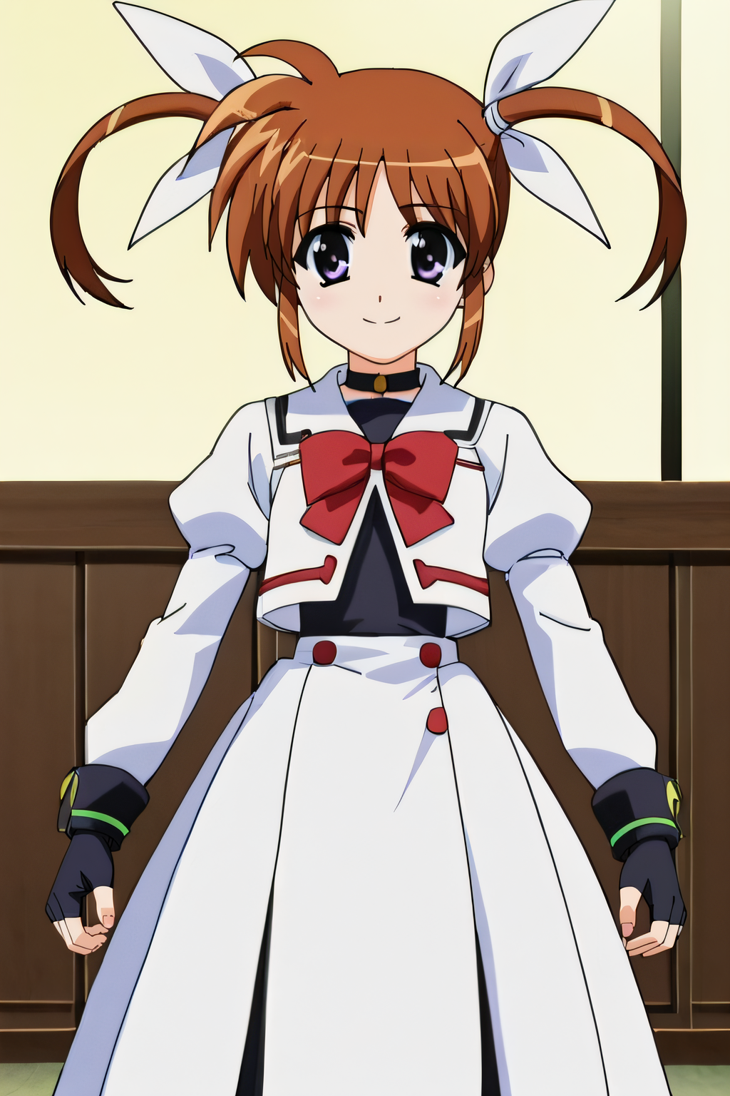 score_9, score_8_up, score_7_up, source_anime, rating_safe, intricate details, anime screencap, official style, 1girl, solo, <lora:Takamichi_Nanoha:1>, nanoha, brown hair, twintails, purple eyes, magical girl, red ribbon, white dress, long dress, puffy sleeves, long sleeves, fingerless gloves, looking at viewer, indoor, cowboy shot, standing, smile